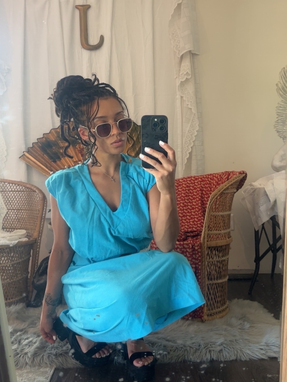 Sleeveless V-Neck Midi Dress in Bright Blue